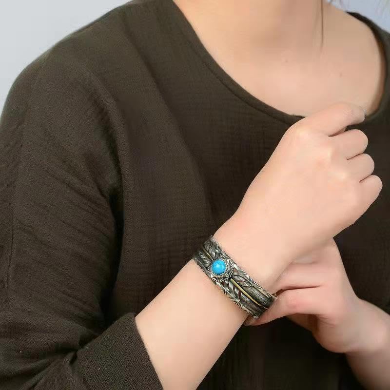 Innocence S925 Silver-Plated Antique Wide Feather Cuff Bracelet For Men Women Adjustable Retro Twisted Feathers Bracelets Gift Jewelry - color: Wide Feather