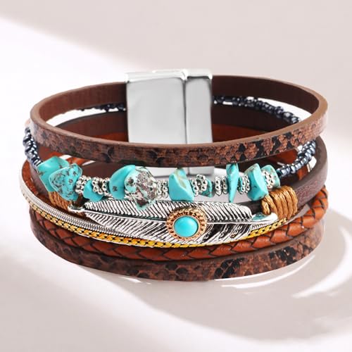 Fesciory Leather Wrap Bracelet for Women, Boho Western Layered Cuff Jewelry | Stackable Bracelets, Easy-On Clasp, Daily Wear, Pairs with Boho Western Outfits, Gift for Women - color: Brown2