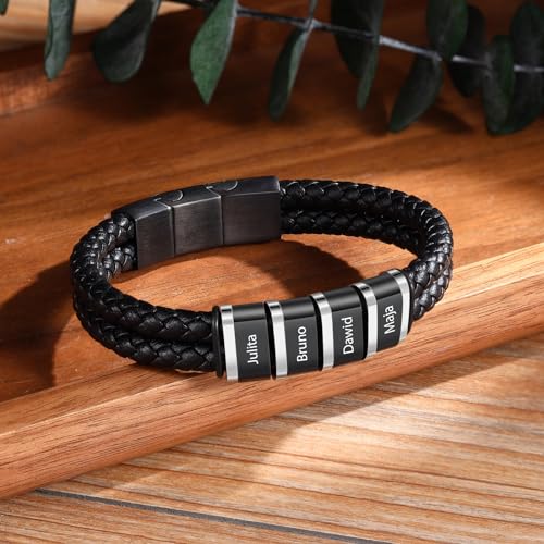 Personalized Braided Leather Bracelet with Photo Custom Name Beads Cuff Bangle Jewelry Gifts for Men Dad Husband Grandpa Fathers Day - color: Style 4-7.5inch