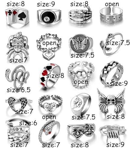17IF 26-35 Pcs Vintage Silver Knuckle Ring Set for Women Men, Gothic Rings | Grunge Chunky Aesthetic Snake Stackable Adjustable Punk Bulky Finger Alt Fairy Skull Frog Heart Star Flower Midi Ring Pack - style: 21 Red Clown