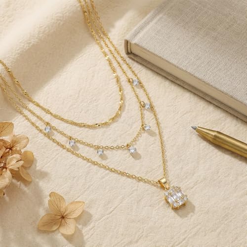 14k Gold Plated Layered Cubic Zirconia Pendant Necklace for Women | Gold Plated Clover Necklaces Stackable Dainty Cubic Zirconia Pendant Necklace,Mother's Day, Thanksgiving Jewelry Trendy gifts - color: Golden, style: Style2