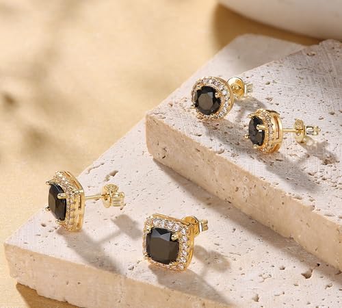 18K Gold Plated Halo Stud Earrings 925 Sterling Silver Cubic Zirconia Stud Earrings Round Square Diamonique Stud Earrings Set for Women Men - color: Gold&Black