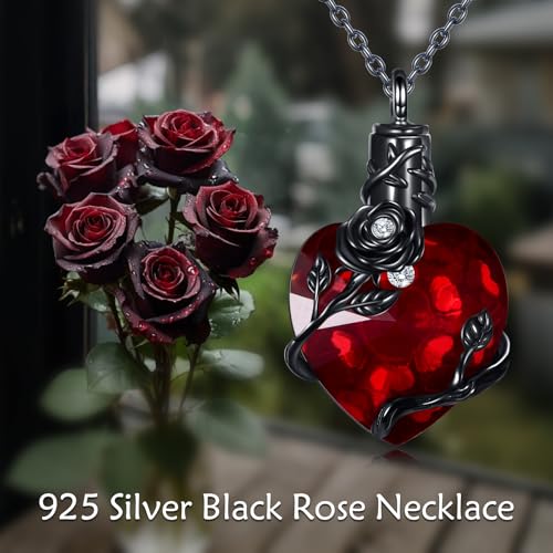 Halloween Necklace 925 Sterling Silver Black Rose Rib Cage Heart Pendant Necklace Halloween Jewelry Gifts for Women Gothic Party - style: Black Rose-Urn