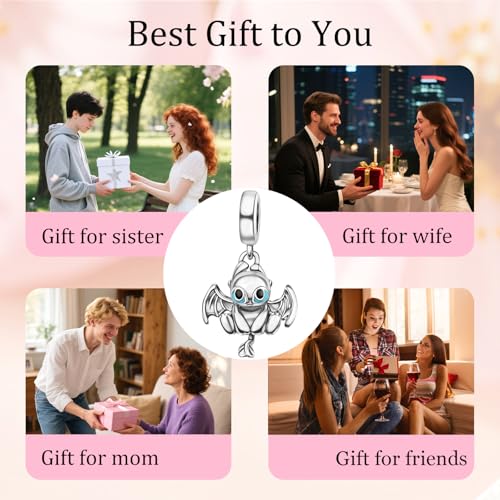 S925 Sterling Silver Cute Bead Charm for Pandora Bracelets and Necklaces | Lucky Clover Cute Animal Pink Bow Cherry Butterfly Pendant Bead Charms Jewelry Making Gifts for Women Valentines Mother's Day - style: Winged Dragon Charm