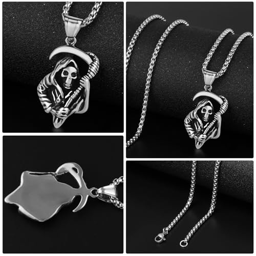 Stainless Steel Gothic Y2K Punk Rock Emo Biker Pendant Necklace | Cosplay Vintage Viking Alt Edgy Fashion Charm Necklace Jewelry for Men Women Active Daily Wear - style: Death Scythe Skull