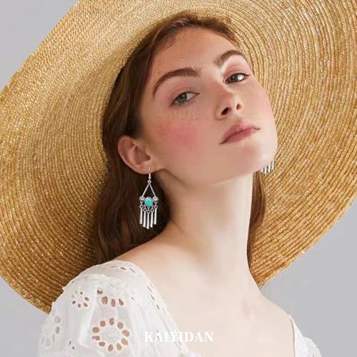 Boho Turquoise Dangle Earrings For Women Trendy,Western Blue Gemstone Drop Earings,Vintage Gothic Ethnic Statement Beach Vacation Long Birthstone Earrings with Leaf Teardrop Turquoise Crystal Tassels,Fashion Jewelry Birthday Gift. - style: A1 Turquoise ta