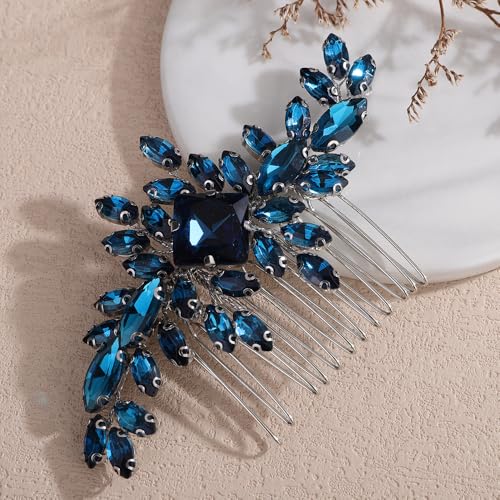 Square Rhinestone Hair Comb Silver Gold Rhinestone Wedding Headpiece Handmade Crystal Bridal Hair Comb Bridal Hairpiece for Brides Bridesmaid (silver peacock blue) - color: silver peacock blue
