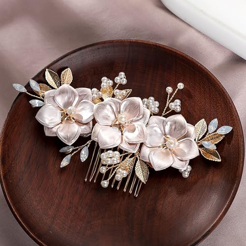 Flower Leaf Design Wedding Hair Comb, Metal Bridal Hair Accessory with Rhinestone, Wedding Prom Hair Clip Headpiece for Women (Gold Flower Pearl) - color: Gold Flower Pearl