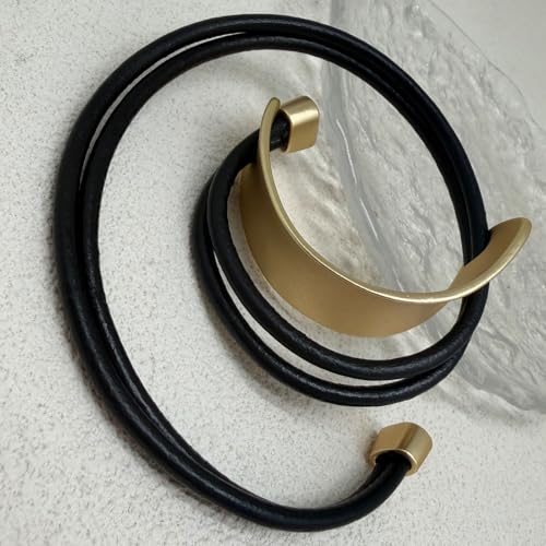 Leather Wrap Bracelet for Women Bangle Bracelet Handmade Bohemian Bangle Bold Statement Leather Bracelet for Women Trendy - style: Black Leather Wrap Bracelet-Gold