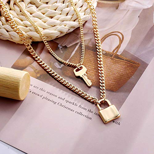 Turandoss Dainty Layered Choker Necklace, Handmade Y Pendant Necklace Multilayer Bar Disc Necklace Adjustable Layering Choker Necklaces for Women - style: 2PCS - Key&Lock