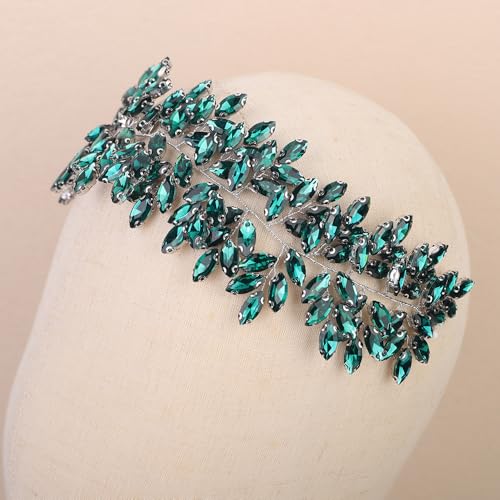 Missgrace Women Silver Green Black Red Blue Handmade Full Crystal Rhinestone Large Headband Hair Vine Shinny Headpiece Bridal Wedding Hair Accessories for Women (Silver Peacock green) - color: Silver Peacock green