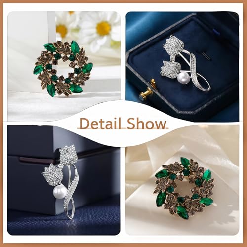 2pcs Rhinestone Brooch Pin for Women Dress Elegant Stylish Crystal Brooches Fashion Accessories Pins Lapel Boutonniere Ideas Wedding Christmas Birthday Jewelry Easter Gift - color: 10 Green/Silver