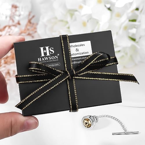 HAWSON Mens Tie Tack with Chain Round Crystal Wedding Business Accessories - color: Silver + Champagne