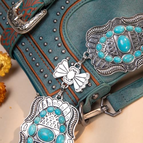 Montana West Rustic Couture's Turquoise Western Concho Chain Belt for Women | Large Western Cowgirl Metal Adjustable Boho Body Chain Belt for Dresses Jeans Country Concert - color: Baby Turquoise