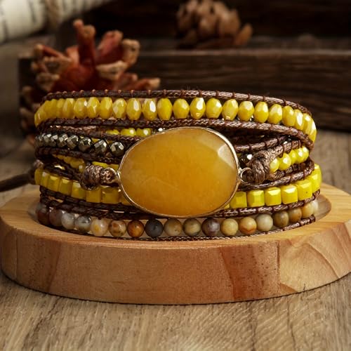 Women Wrap Bracelet Boho Natural Jasper Crystal Stone Beads Strand Bracelets - color: Style 19-Yellow