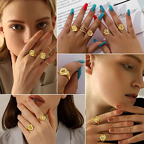 U7 Initial Ring Wedding Band for Men Women 18K Gold Plated Statement Hexagon A-Z Letter Jewelry Personalized Stackable Signet Rings - color: S