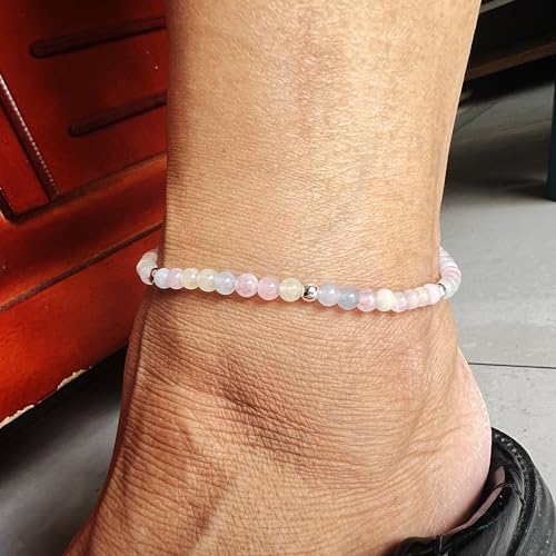 Natural Stone&925 Sterling Silver/18K Gold Anklet,│4MM│9-12 in│, Hand Woven, Adjustable Size - color: Morgan Anklet,4MM