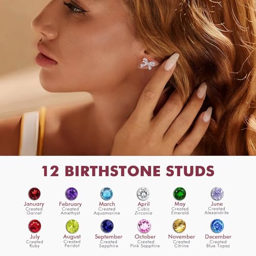 925 Sterling Silver Birthstone Bow Stud Earrings for Girls Women Bow Jewelry Birthday Gifts for Teens Kids Girls Bowknot Stud Earrings - color: 12.December