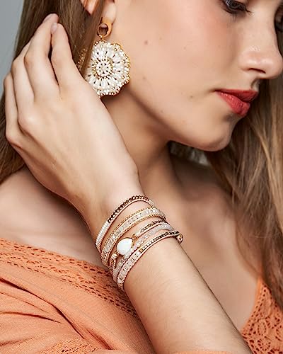 Bracelet for Women – Handmade Vegan Boho Natural Stone Layered Bracelet, Thailand Bohemian Stackable Beaded Wrap Bracelets, Summer Hippie Bracelet Stack, Fashion Jewelry Gifts - color: A1-Off White
