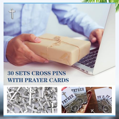 Sayglossy 30 Sets Religious Fathers Day Pins Bulk Christian Cross Lapel Pin with Prayer Card Set Inspirational Catholic Jesus Pins Father Gifts for Church Men Dad Pastor Husband - style: Father