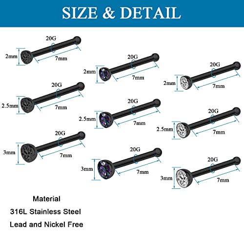 20G Nose Rings Studs Black 316L Surgical Steel 2mm 2.5mm 3mm Round CZ Nose Ring for Women Men L Shaped Nose Bone Nose Screw Ring Set Nostril Piercing Jewelry - color: 9Pcs-Nose Bone Stud-Black