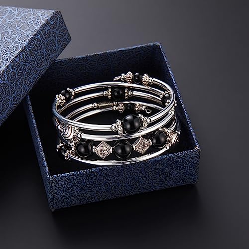 Beaded Pearl Bangle Wrap Bracelet - Fashion Bohemian Jewelry Multilayer Charm Bracelet with Thick Silver Metal Beads, Gift For Women - color: Black