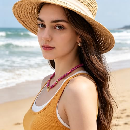 Beaded Necklaces for Women Boho Colorful Bead Choker Necklace Natural Gemstone Handmade Summer Beach Layering Necklace Jewelry Gift for Women - color: Rose Pink