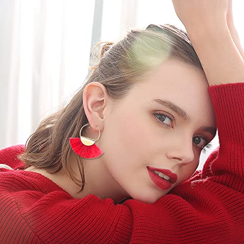 4Pairs Tassel Earrings For Women Fan Shape Tassel Earrings Long Thread Tassel Earrings Bohemian Fringe Drop Handmade Earrings - style: 4 Red