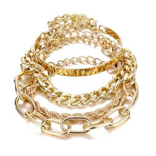 Dainty Boho Chain Bracelets Set for Women Adjustable Fashion Beaded Chunky Flat Cable Chain Punk Bracelets for Women Gift Set of 4 - color: Golden