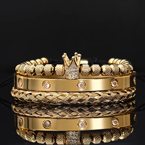 WFYOU 3PCS Stainless Steel Imperial Crown Bracelets for Men Gold Roman Numeral Bangle Bracelet Adjustable Cuff Bracelet Mens Luxury Jewelry Gifts - style: 01:Gold-Cubic Zirconia