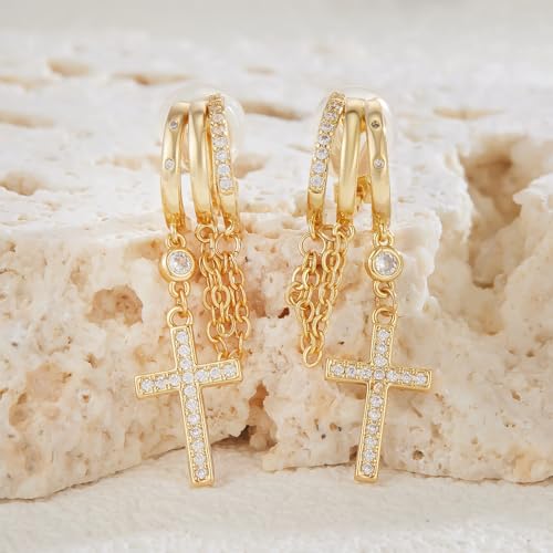 YOQUCOL Gold Plated Y2K Clip On Hoop Earrings for Women,Sweet Cool Edgy Trendy Layered Hoop with Tassel Chain Dangle, Non Pierced Jewelry Gifts - color: Cross