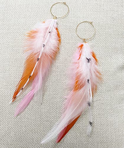 Long Bohemian Pheasant Feathers Statement Earrings Handmade Natural Lightweight Feather Dangle Earrings for Women (ea000067) - color: Pink&Brown