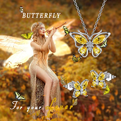 925 Sterling Silver Birthstone Butterfly Jewelry Women Crystal Animal Cute Butterflies Birthday Necklace/Earring/Ring/Bracelet Sets Birth Stone Statement Anniversary Jewellery - color: 1-K.November-Citrine