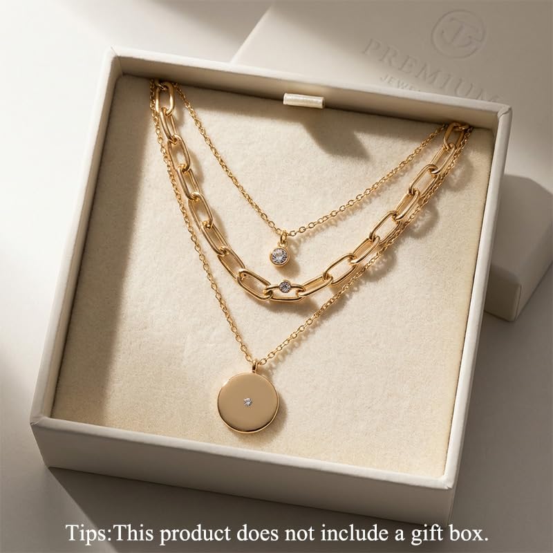 QCWN Gold Layered stacked Necklaces for women 3PS Chunky Statement Necklaces Stack Mixed Metal Charm Necklace for Women Trendy Coin Jewelry Gift for Her Gifts - style: Layered stack3