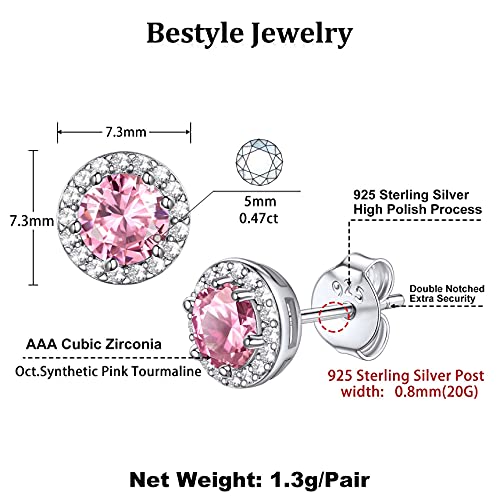 Bestyle Sparkling 925 Sterling Silver Birthstone Stud Earrings for Women, Heart/Round/Teardrop/Square Solitaire Diamond Studs Earrings, Great Birthday/Christmas Gifts - style: 10. Pink Tourmaline-Oct.-round