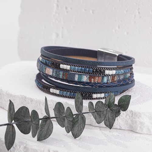 Boho Layered Leather Wrap Bracelets Chunky Western Country Hippie Jewelry | Stackable Bohemian Cowgirl Magnetic Clasp Cuff Bangle Set Fashion Stack Statement Festival Trendy Jewelry Gifts for Women - color: Navy Blue