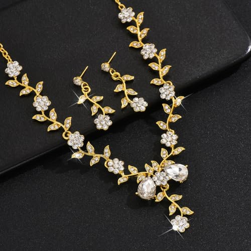 Kamirola Women's Wedding Jewelry Leaf Cluster Flower Crystal Dangle Earrings Pendant Necklace Set for BridalCrystal Bridal Jewelry Set - color: Gold White