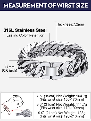 Bandmax Cuban Bracelets for Men, Stainless Steel Link, 7.5"/8.3"/9" Length | 7/8/12mm Width, Miami Wristlet Chain, Steel/Black/Gold Tone, Hip Hop Jewelry, Gift for Son Grandson Husban - color: Steel