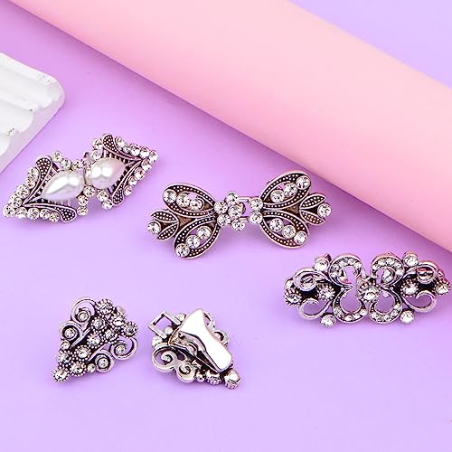 4pcs Antique Silver Rhinestone Sweater Swirl Clips Vintage Flower Cape Cloak Clips Cardigan Shawl Collar Clasp Dress Shirt Brooch Clips for Women