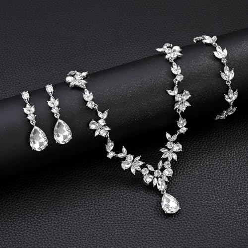 Kamirola Bridal Jewelry Set, Jewelry Set for Women, Necklace Dangle Earrings Bracelet Set, White Gold Plated (TR76) - color: Silver White