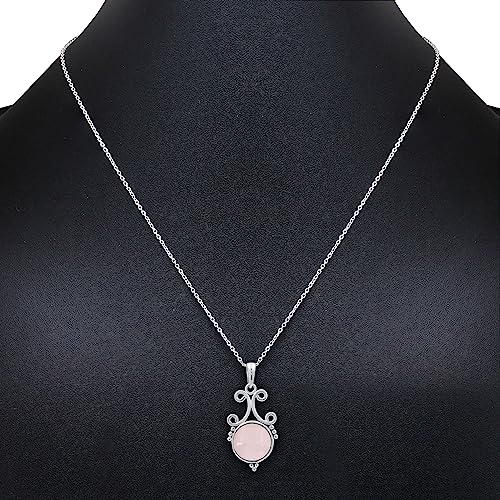 Natural Round Gemstone Pendant Necklace for Women, 925 Sterling Silver | Solitaire Birthstone Jewelry With 18 Inch Chain, Handmade Semi Precious Stone Pendant, Jewelry Gift for Mom, Wife & Sister - color: Rose Quartz