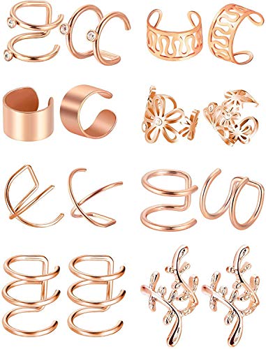 16pcs Stainless Steel Ear Cuff Earrings for Men Women Non Piercing Clip On Cartilage Earcuff Wrap Hypoallergenic Earrings Set - color: rose