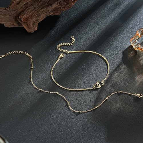 Ritach Gold/Silver Ankle Bracelets for Women 14K Gold Anklets for Women Waterproof Cuban Link Heart Bead Anklets Set Layered Anklet Bracelets for Women Gold Jewelry Gift - color: double heart