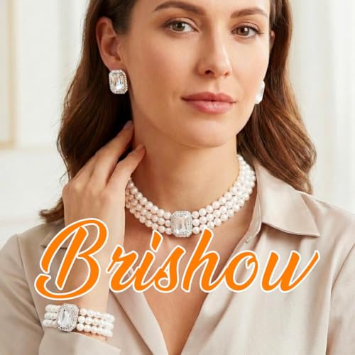 Brishow Pearl Necklace Jewelry Set Wedding Pearls Earrings Necklaces Set Bridal Crystal Bracelet Jewelry for Women (Pack of 3) - color: Silver, size: 3 Layered