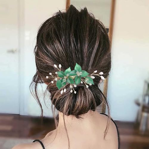Wedding Hair Clips, Crystal Hair Pins Pearl Rhinestone Hair Barrettes, Bridal Flower Hair Pieces Pearl Headpieces Hair Accessories for Women Girls (Green) - color: Green