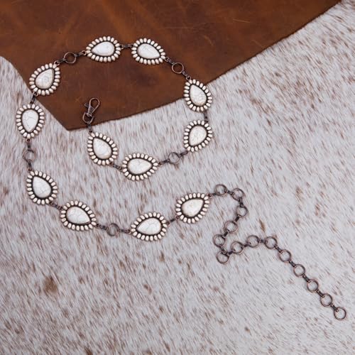 Montana West Rustic Couture's Turquoise Western Concho Chain Belt for Women | Large Western Cowgirl Metal Adjustable Boho Body Chain Belt for Dresses Jeans Country Concert - color: Buttery White