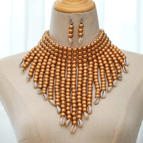 COLORFUL BLING Chunky Wooden Beaded Seed Bib Collar Necklace Boho Layered Africa Wood Shell Strand Choker Necklace Jewelry Set for Women - color: yellow