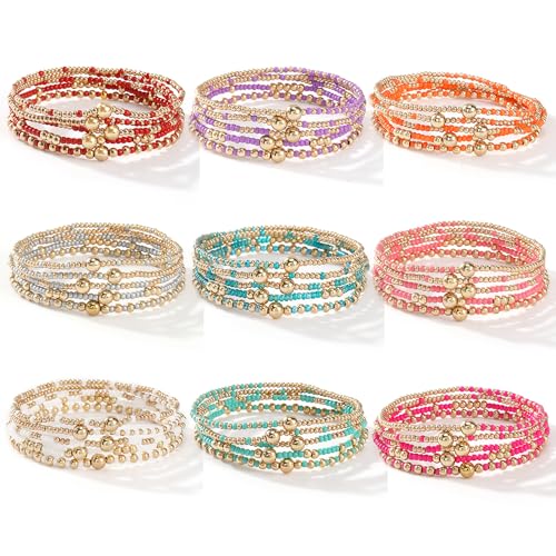 Gold Small Ball Seed Bead Stackable Bracelets Set For Women, Stretch Accessories Handmade Dainty, Daily Party Friendship Gift - color: Orange