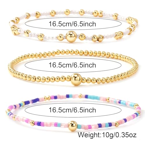 Gold Beaded Bracelet Stack for Women Colorful Small Seed Beads Bracelets Set Boho 14K Gold Plated Ball Stackable Stretch Non-Tarnish Dainty Jewelry Trendy Accessory Friendship Gift - color: pink purple and white