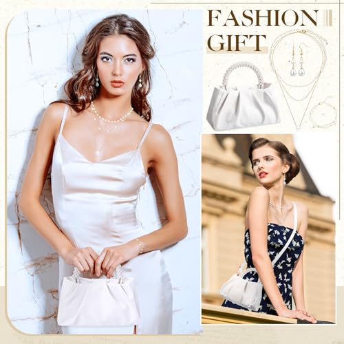 Liliaafar 4 Pcs Evening Clutch Purse with Pearl Jewelry Sets,Clutch Bag Pearl Earrings Necklace Bracelet for Wedding Party - color: White, style: Leather Ruched